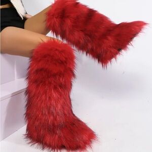 Stylish Red Fur Knee Boots Women's Boots